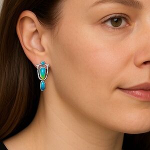 Vintage Boho Turquoise Painted Dangle Drop Abstract Earrings